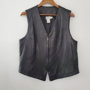 Jacqueline Ferrari Womens 100% Black Leather Vest Size 14 Tall V Neck Mob Wife